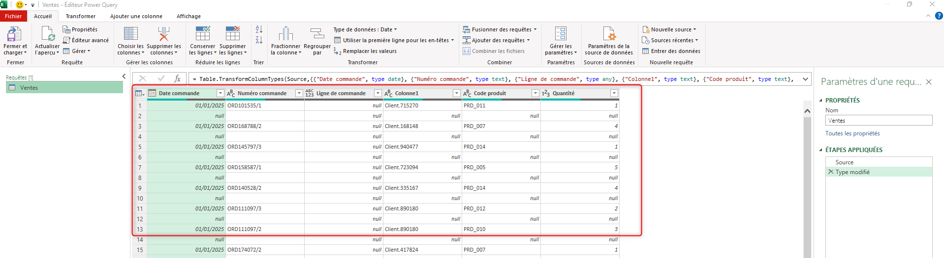 Vue des données dans Power Query avec colonnes Date commande, Numéro commande, Ligne de commande, Code produit