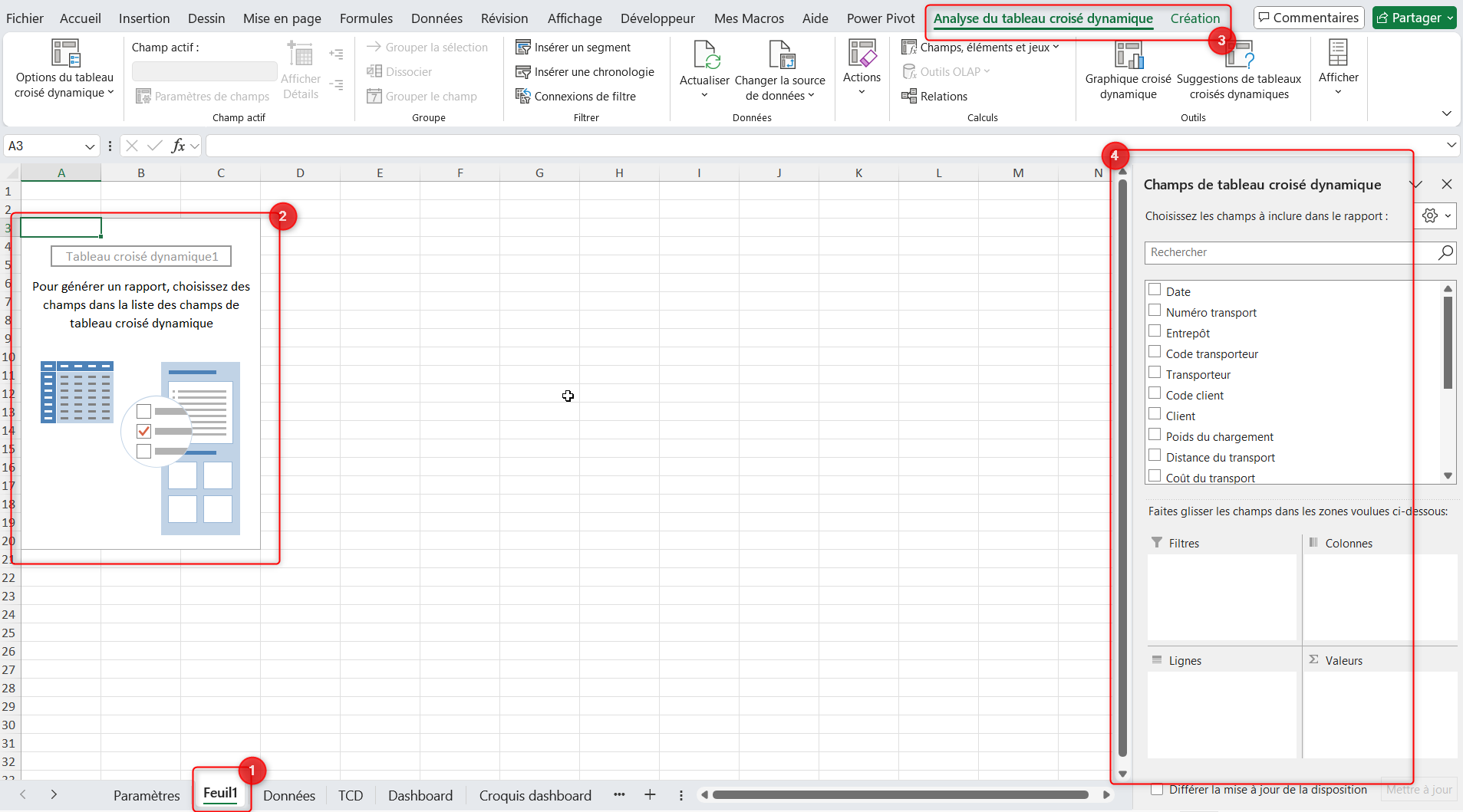 Insertion d'un nouveau tableau croisé dynamique vide dans Excel avec volet des champs