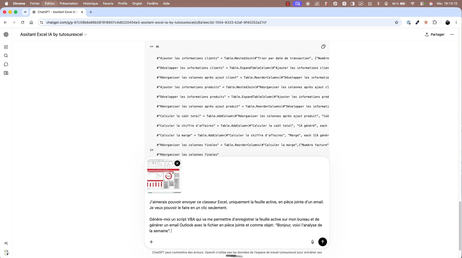 Prompt envoyé à un assistant IA pour générer une macro VBA d'envoi d'email