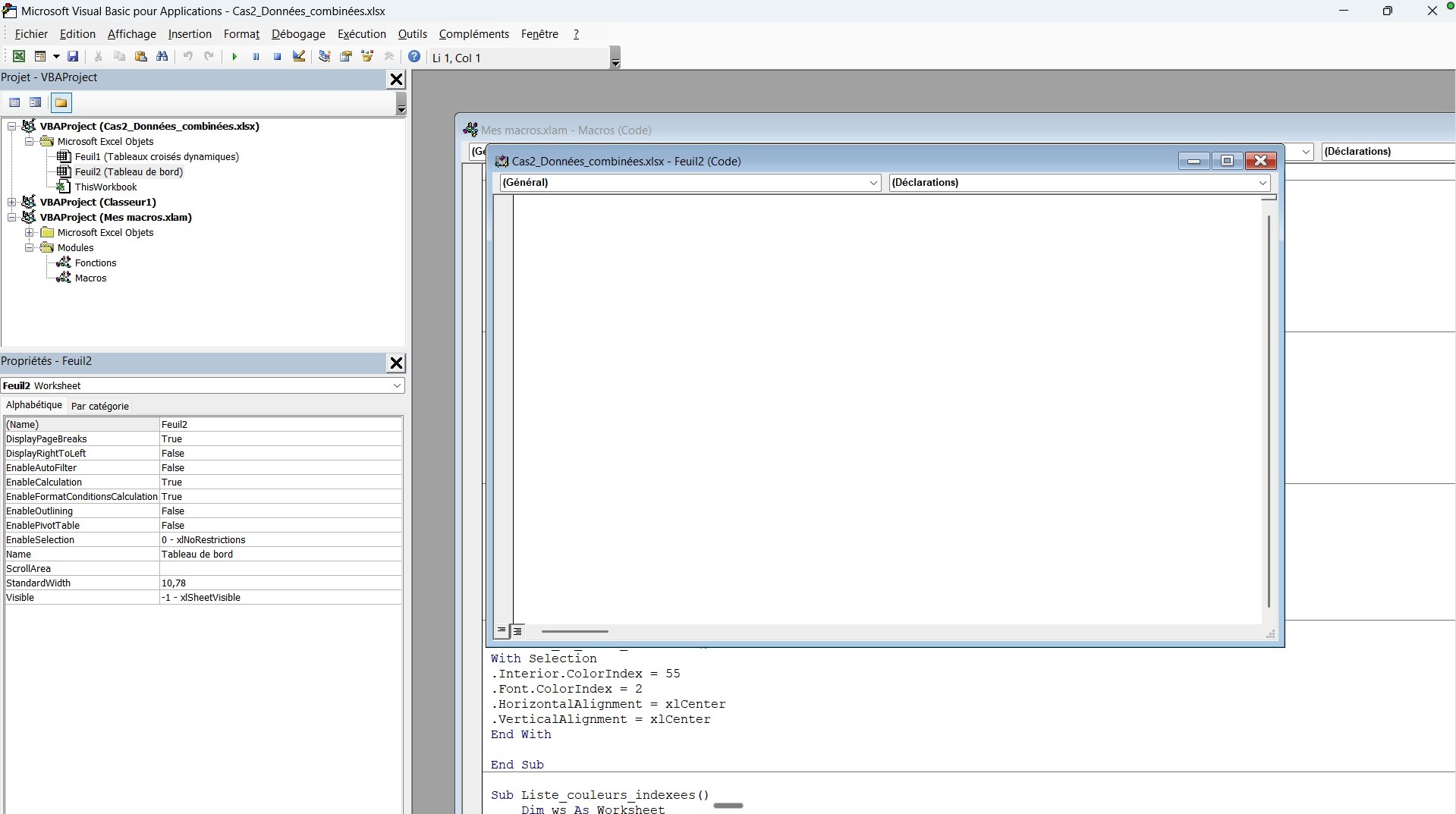Éditeur Visual Basic for Applications d'Excel avec le code VBA collé dans un module