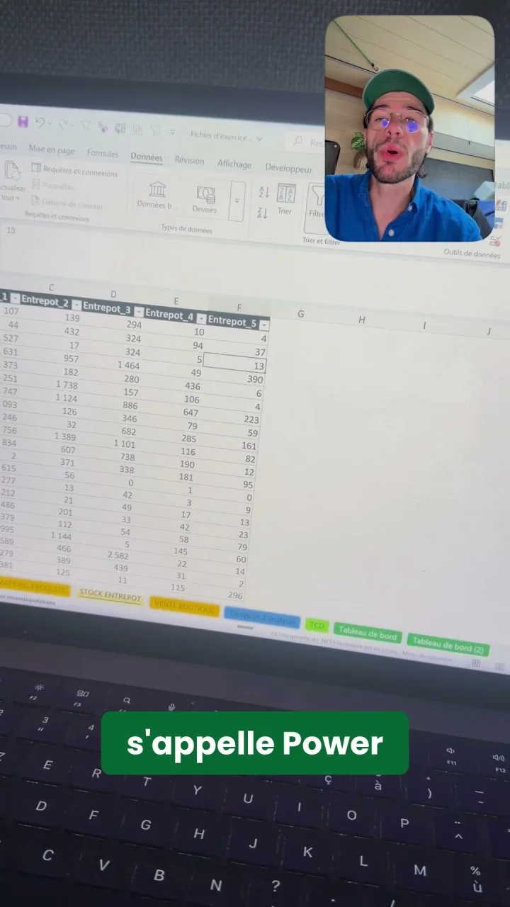 Tableau Excel de stock avec les codes articles en lignes et un entrepôt par colonne, un format large difficile à analyser