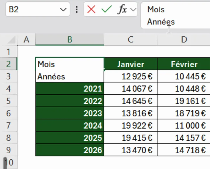 Cellule Excel en cours de saisie avec les mots Mois et Années sur deux lignes après un Alt Entrée