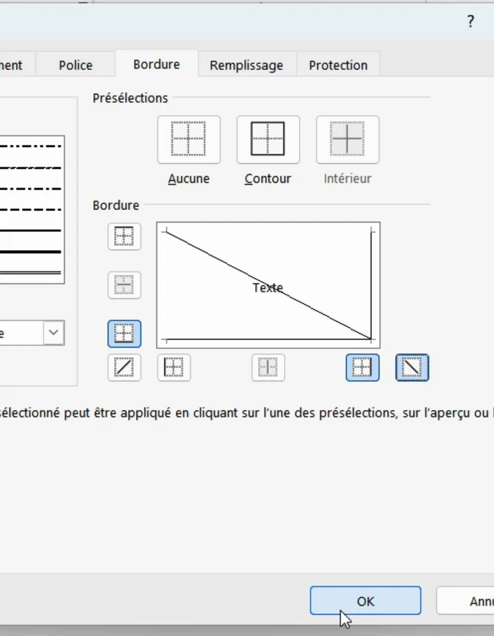 Fenêtre Format de cellule d’Excel, onglet Bordure, avec le trait diagonal visible dans l’aperçu