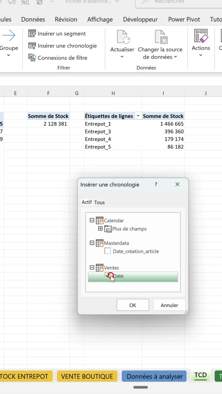 Boîte de dialogue Insérer une chronologie d’Excel avec le champ Date coché