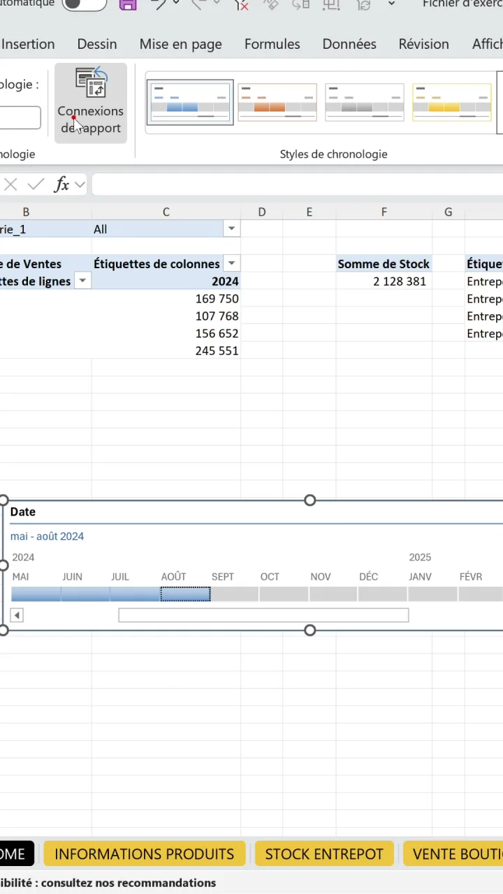 Bouton Connexions de rapport dans l’onglet Chronologie d’Excel