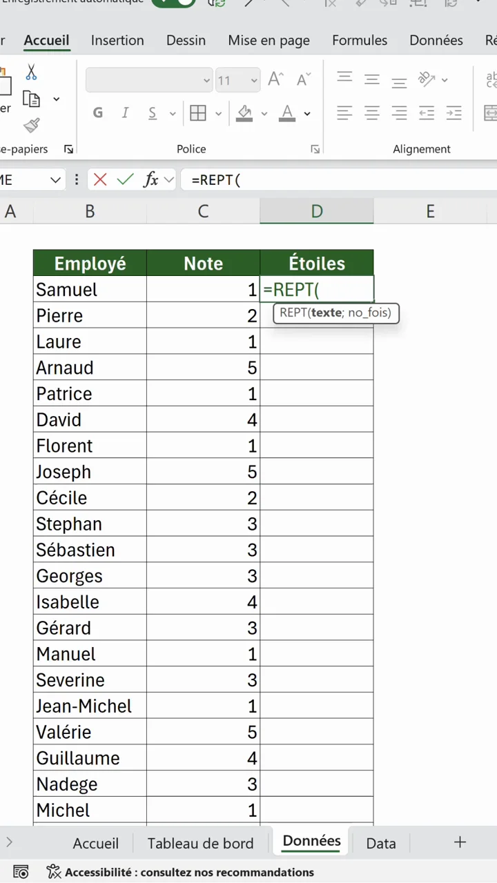 Tableau Excel avec les colonnes Employé, Note et Étoiles, formule =REPT( en cours de saisie