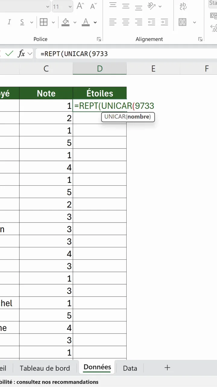 Zoom sur la formule =REPT(UNICAR(9733 dans Excel avec l'info-bulle UNICAR(nombre)
