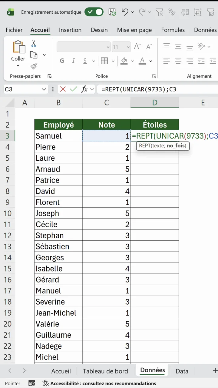 Formule =REPT(UNICAR(9733);C3 dans Excel avec la cellule de la note sélectionnée comme compteur
