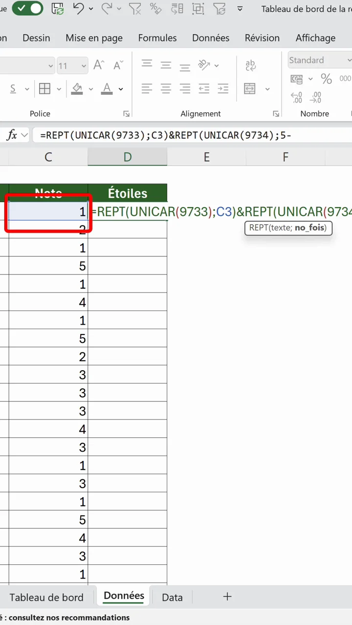 Formule complète =REPT(UNICAR(9733);C3)&REPT(UNICAR(9734);5- en cours de saisie dans Excel