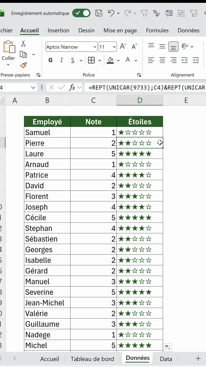 Tableau Excel final avec une colonne Étoiles affichant des étoiles pleines et vides selon la note de chaque employé