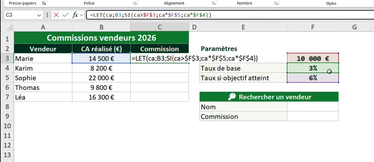 Formule LET dans Excel où le nom ca représente la cellule B3 avant le calcul de la commission