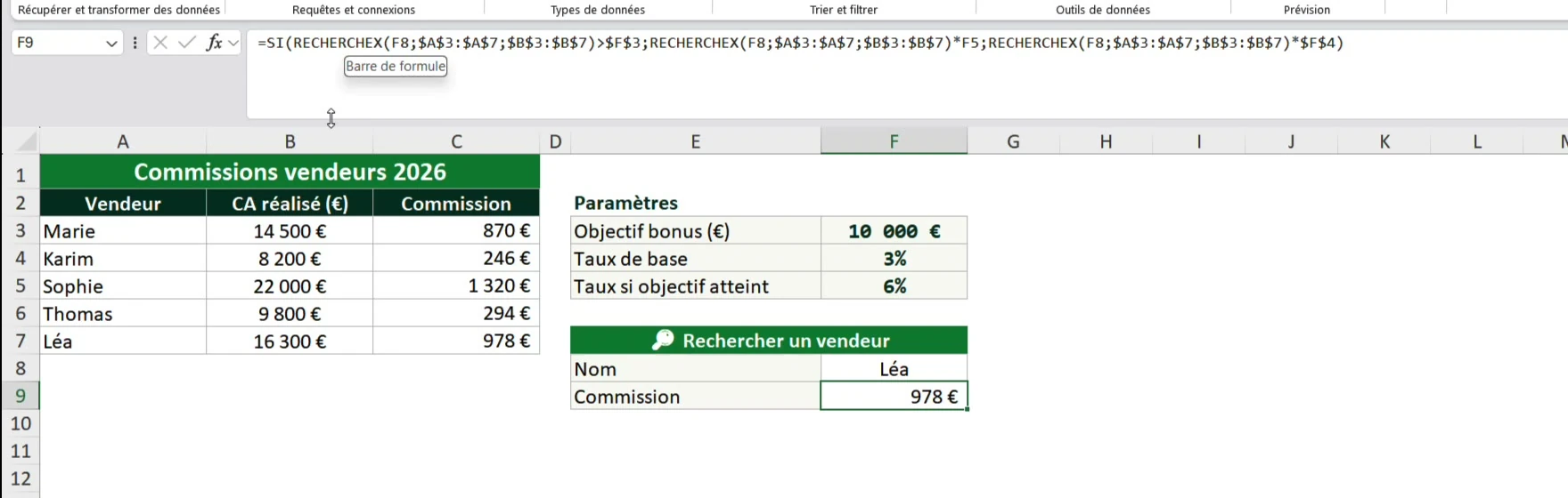 Longue formule Excel où la même fonction RECHERCHEX est répétée trois fois pour calculer une commission