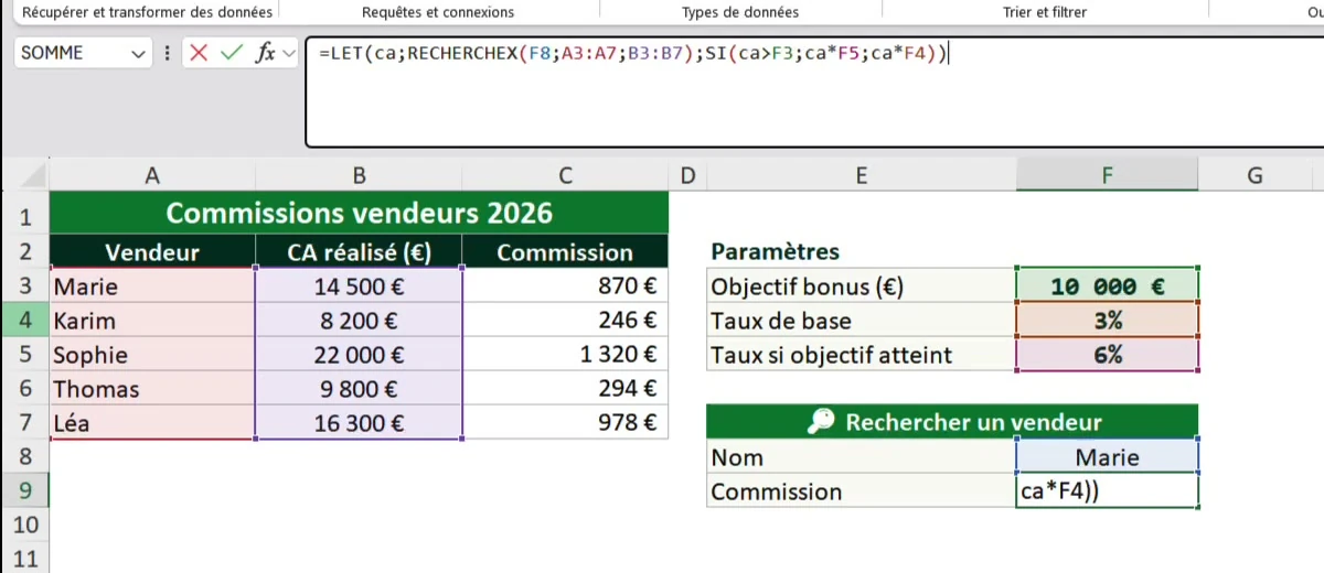 Formule LET dans Excel qui calcule RECHERCHEX une seule fois puis réutilise le nom ca