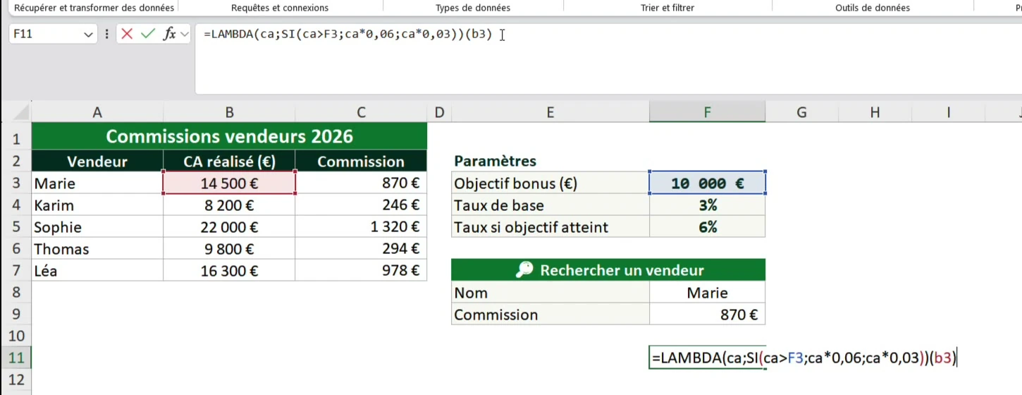 Fonction LAMBDA testée directement dans Excel en ajoutant la cellule B3 après la définition du calcul