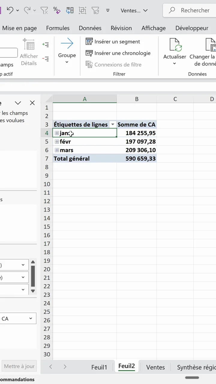 Tableau croisé dynamique Excel avec un groupement automatique des dates par mois janvier février mars