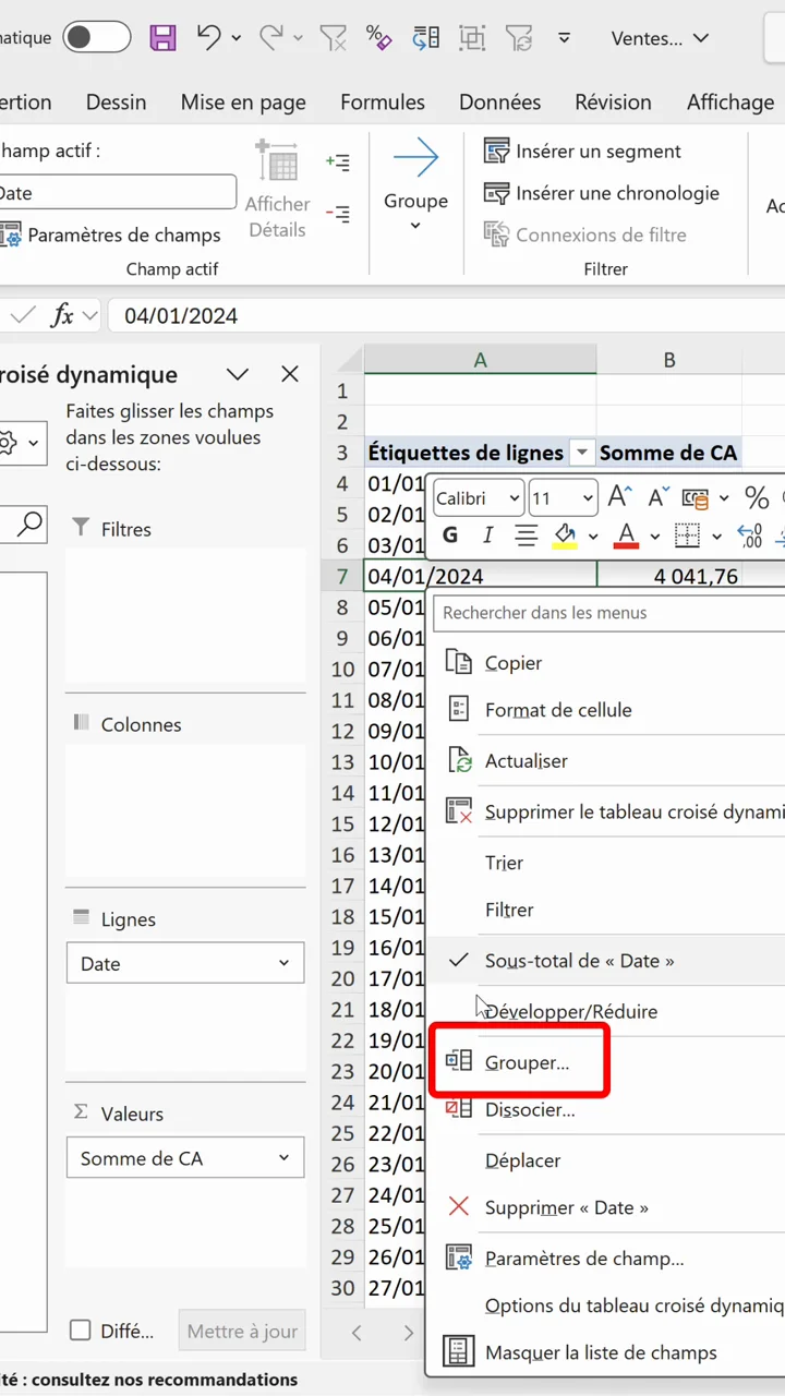 Menu contextuel d'un tableau croisé dynamique Excel avec la commande Grouper mise en avant