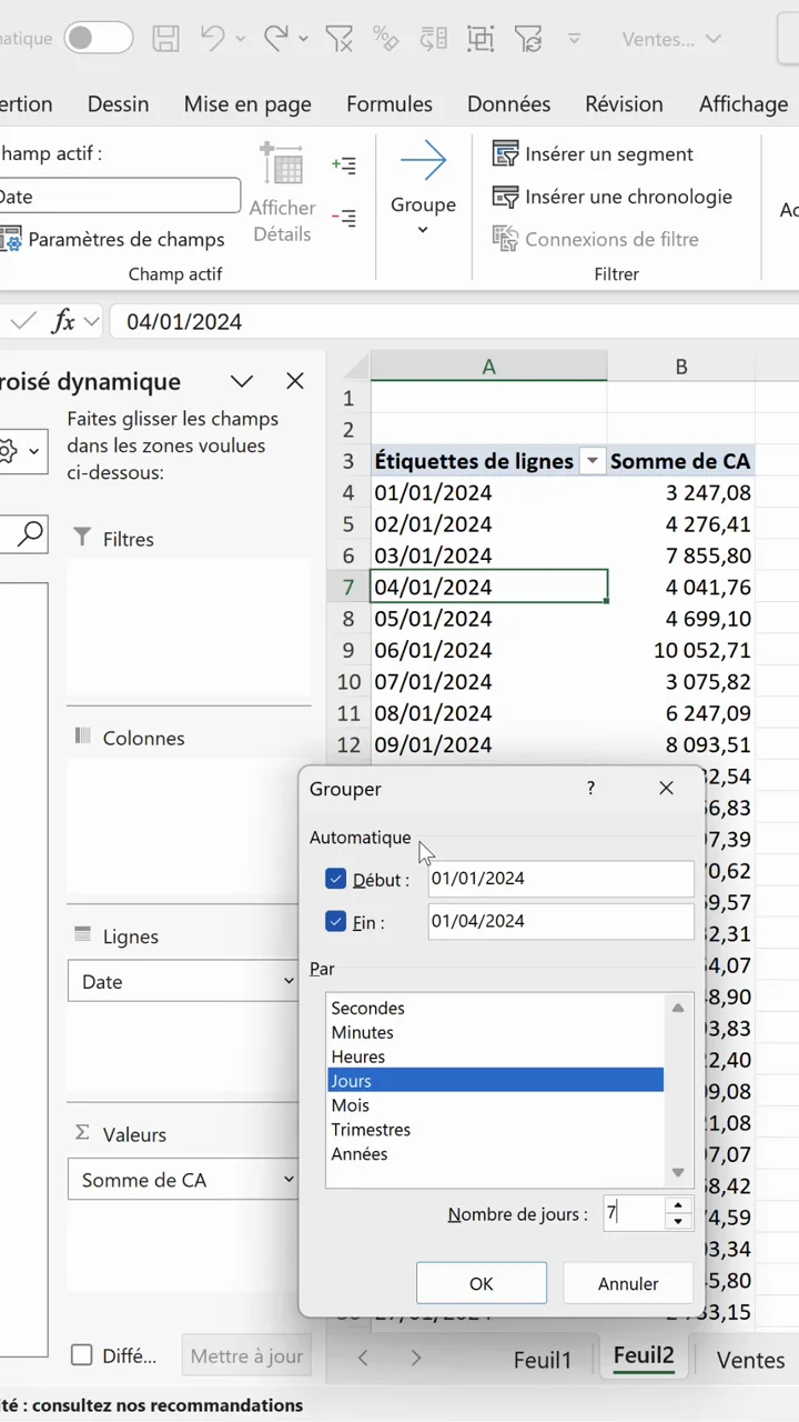 Boîte de dialogue Grouper d'Excel avec l'option Jours sélectionnée et le nombre de jours réglé sur 7