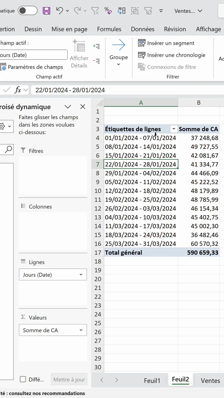 Tableau croisé dynamique Excel groupé par semaine avec une plage de dates par ligne et la somme du chiffre d'affaires