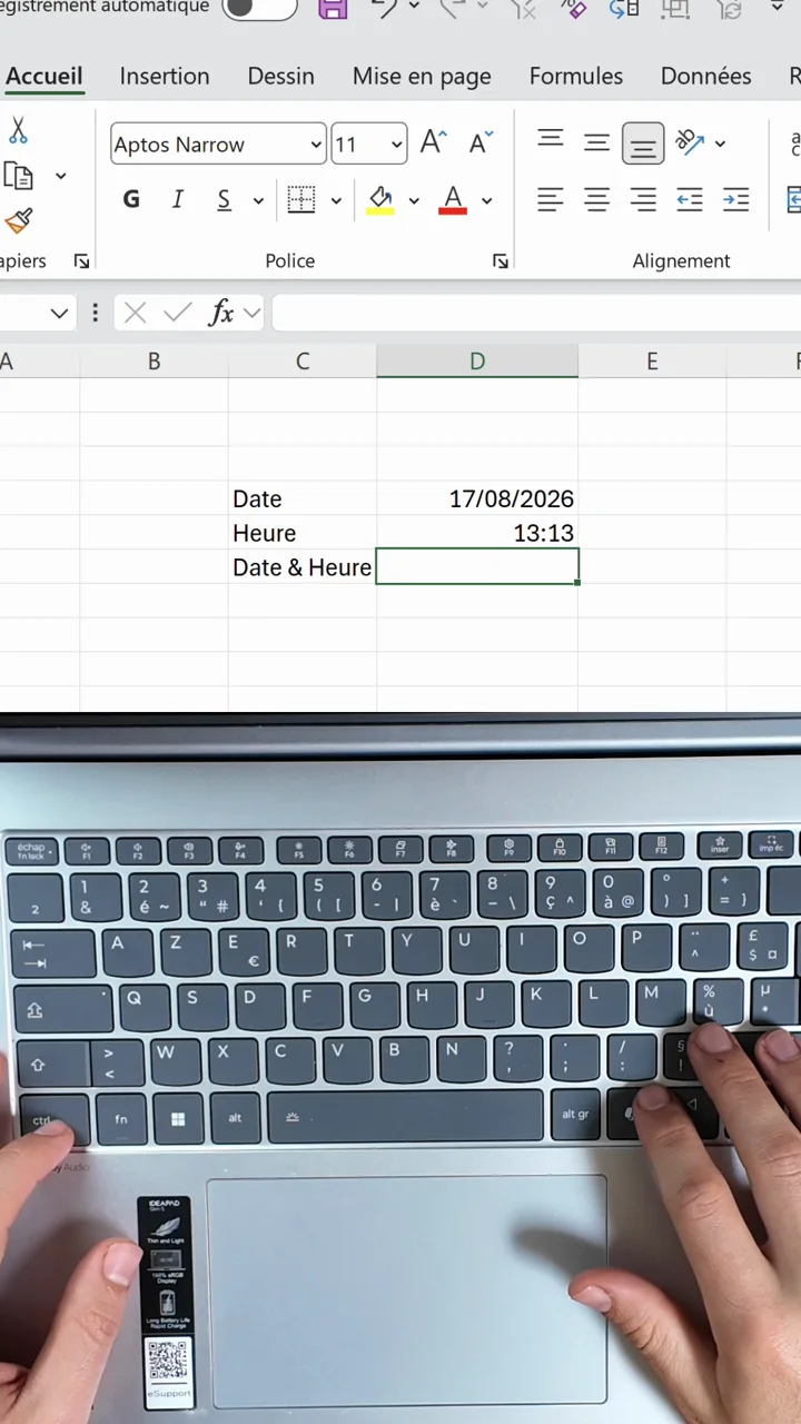 Cellules Excel affichant la date 17/08/2026 et l’heure 13:13 insérées au clavier