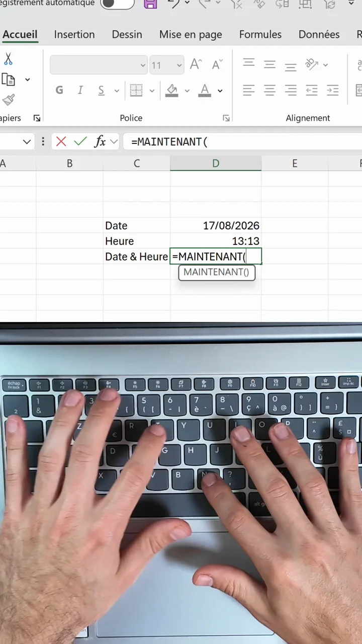Saisie de la formule =MAINTENANT() dans une cellule Excel avec l’info bulle de la fonction