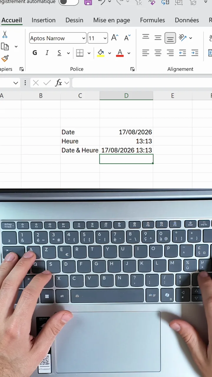 Cellule Excel affichant 17/08/2026 13:13 renvoyé par la fonction MAINTENANT
