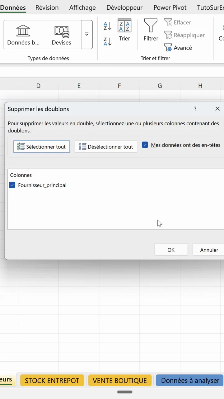 Boîte de dialogue Supprimer les doublons d’Excel avec la colonne Fournisseur_principal cochée et la case Mes données ont des en-têtes active