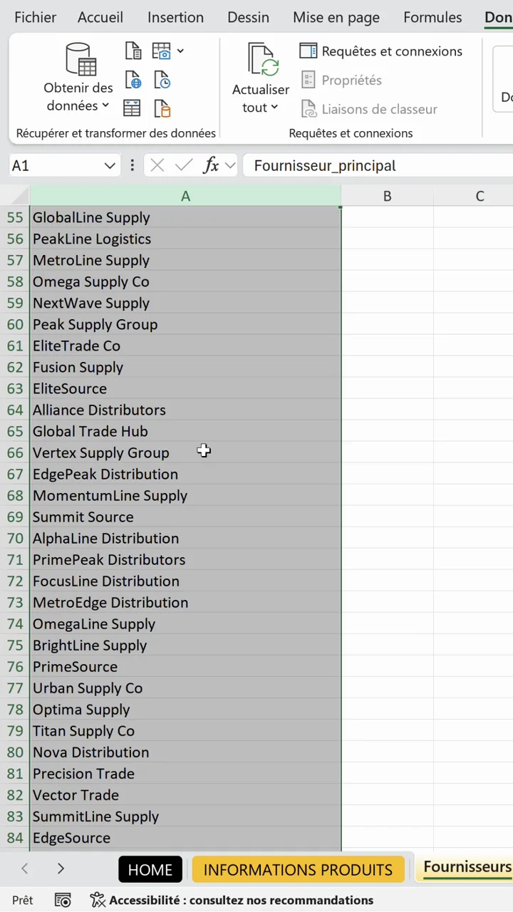 Colonne Excel nettoyée affichant la liste des fournisseurs uniques après suppression des doublons