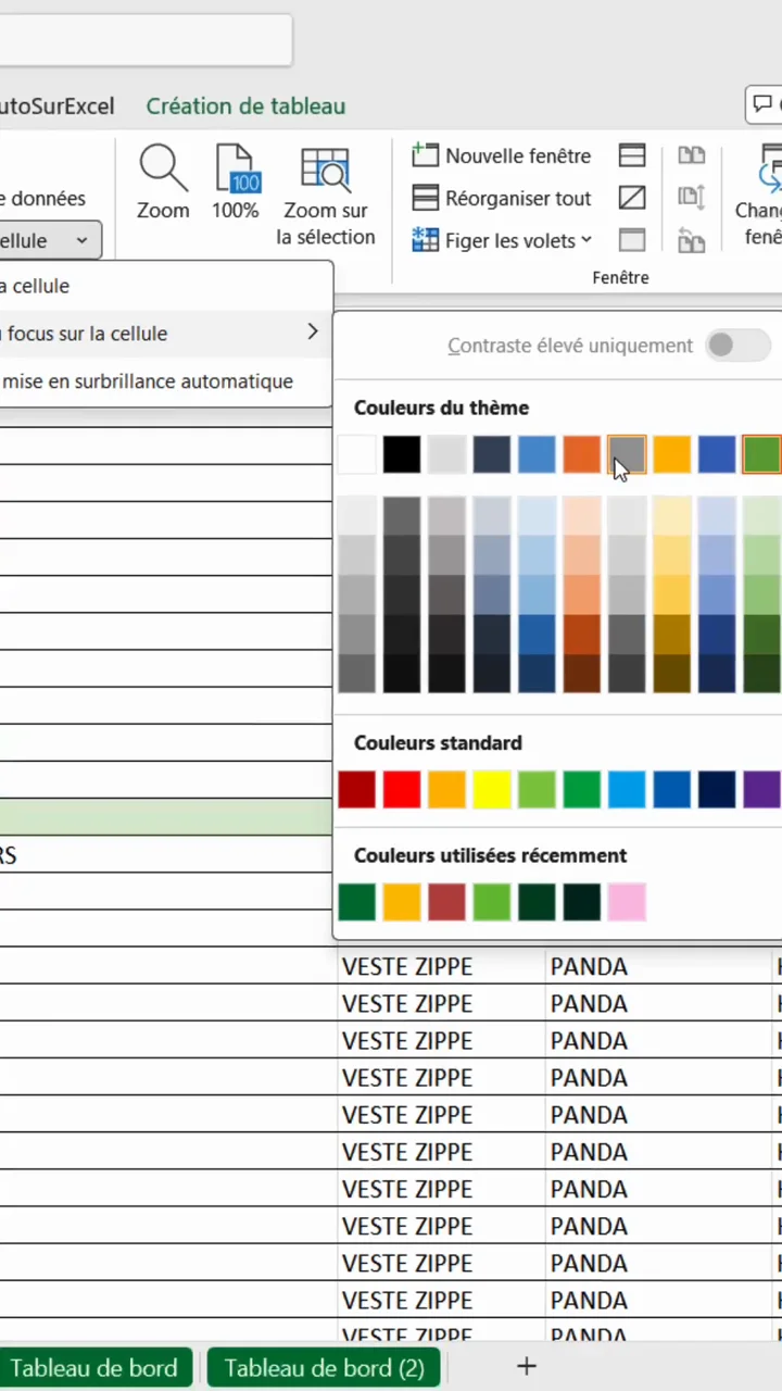 Menu déroulant du mode Focus sur la cellule ouvert avec le nuancier de couleurs de surbrillance