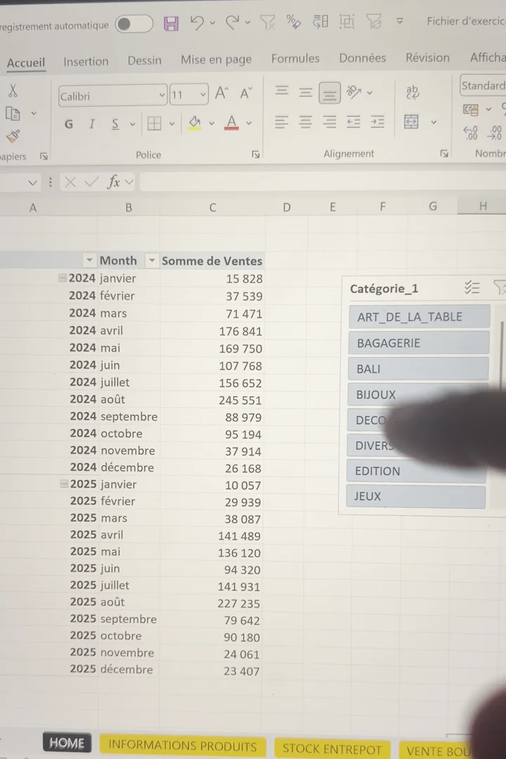Tableau croisé dynamique Excel affichant la somme des ventes mois par mois avec un segment Catégorie