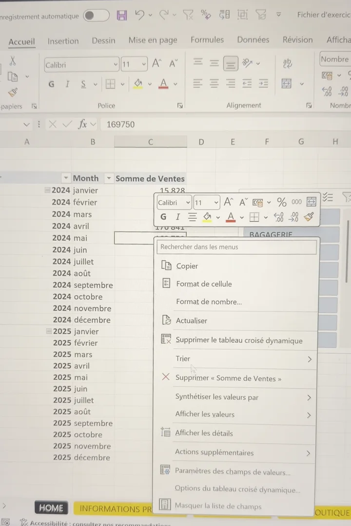 Menu contextuel Excel ouvert sur une valeur du TCD avec l’entrée Paramètres des champs de valeurs