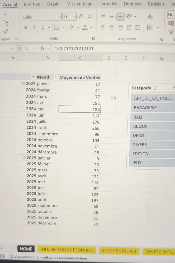 Tableau croisé dynamique Excel affichant la moyenne des ventes mois par mois après changement du calcul