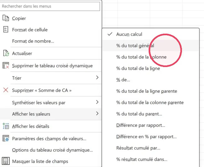 Menu contextuel d'un TCD Excel avec le sous-menu Afficher les valeurs et l'option % du total général