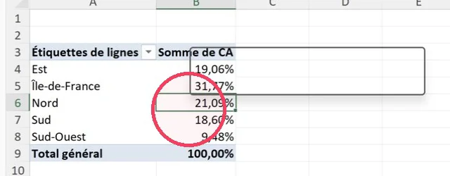 TCD Excel affichant chaque région en pourcentage du total général, avec un total à 100 %
