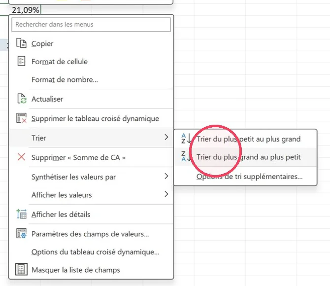 Menu contextuel d'un TCD Excel avec le sous-menu Trier et l'option Trier du plus grand au plus petit