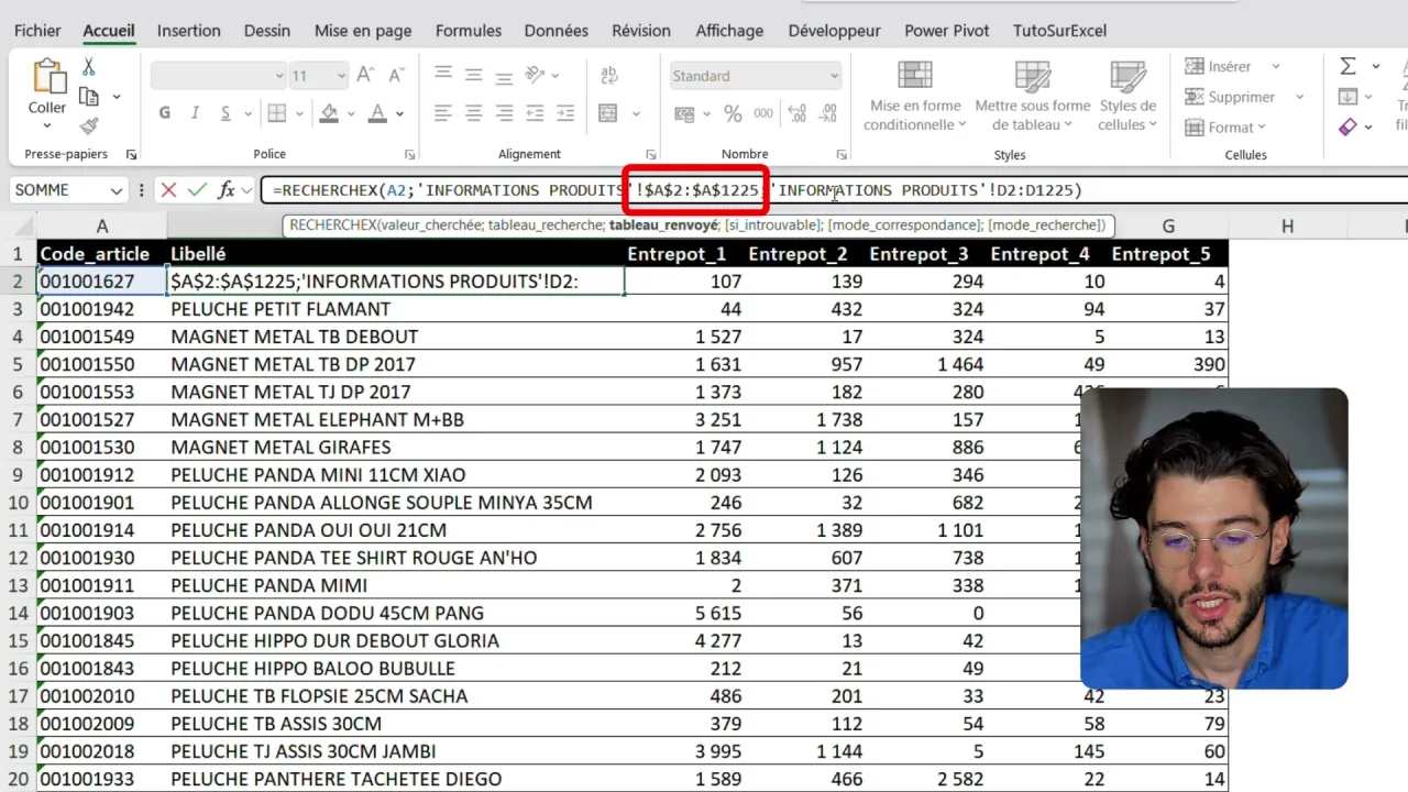 Barre de formule Excel avec la plage $A$2:$A$1225 figée par la touche F4, entourée en rouge
