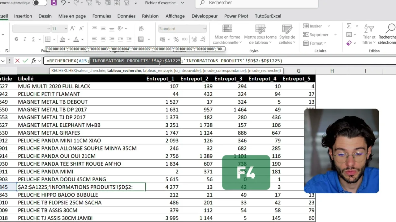 Barre de formule Excel montrant la plage $A2:$A1225 avec seule la colonne figée, et la touche F4 affichée à l’écran