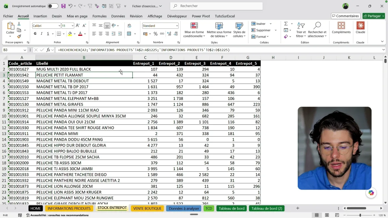 Formule RECHERCHEX Excel avec la plage A$2:A$1225 où seules les lignes sont figées