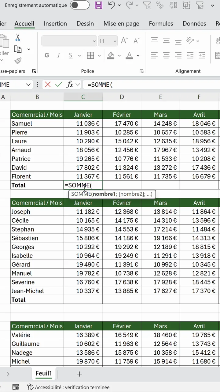 Tableau Excel des ventes par commercial avec la formule =SOMME( en cours de saisie manuelle dans la ligne Total