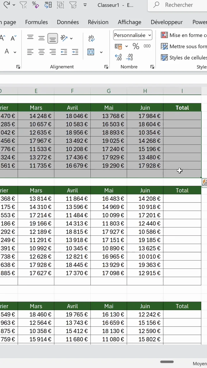 Tableau Excel sélectionné en entier avec la colonne Total et la ligne de totaux vides incluses dans la sélection