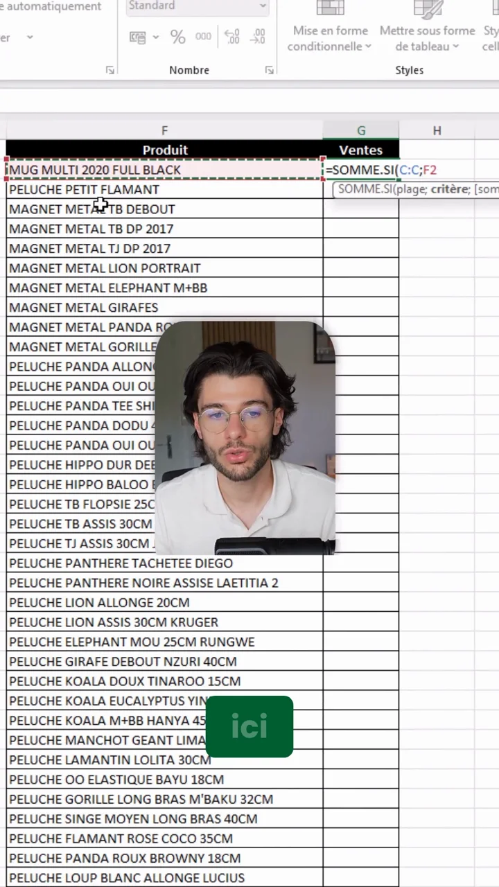 La cellule F2 du tableau récap utilisée comme critère dans la formule SOMME.SI