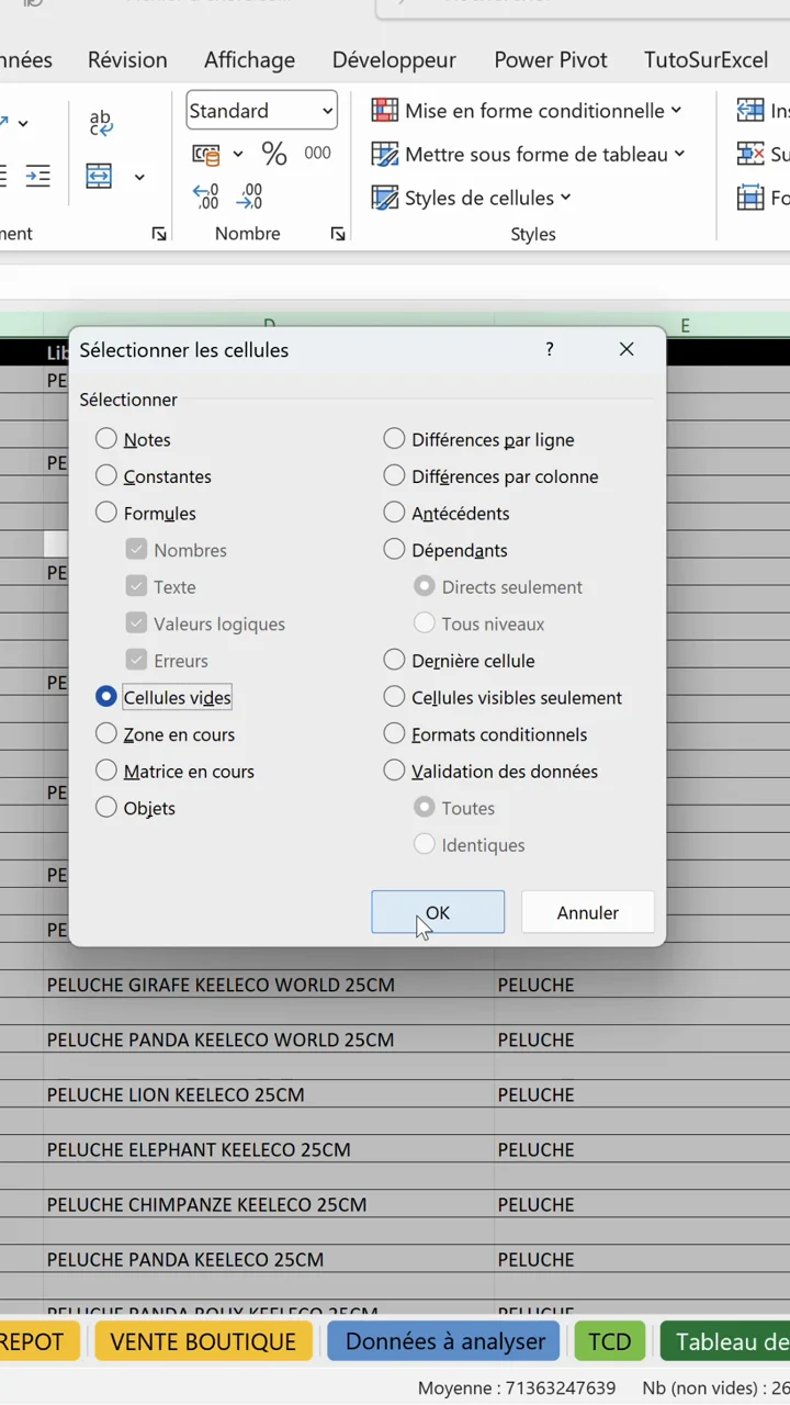 Boîte de dialogue Sélectionner les cellules d’Excel avec l’option Cellules vides cochée