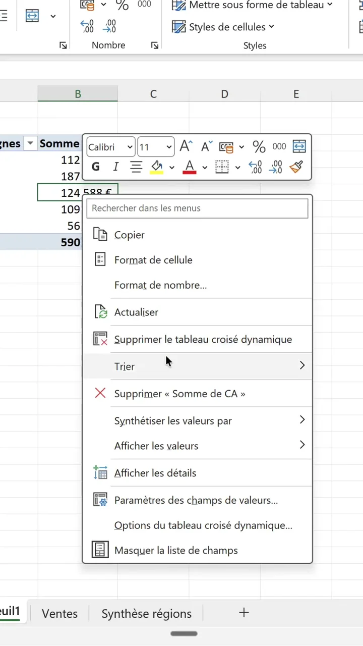Menu contextuel d'un tableau croisé dynamique Excel avec la commande Trier