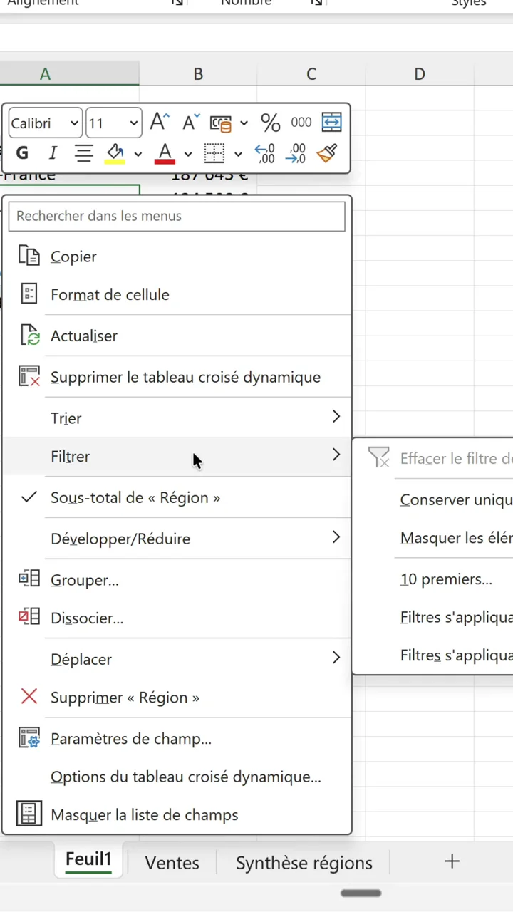 Menu contextuel d'une étiquette de ligne de TCD Excel avec le sous-menu Filtrer et l'option 10 premiers