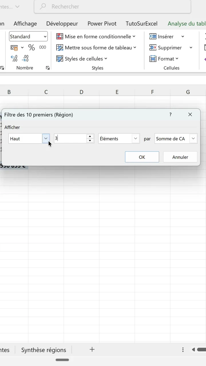 Boîte de dialogue Filtre des 10 premiers d'Excel réglée sur Haut 3 éléments par Somme de CA