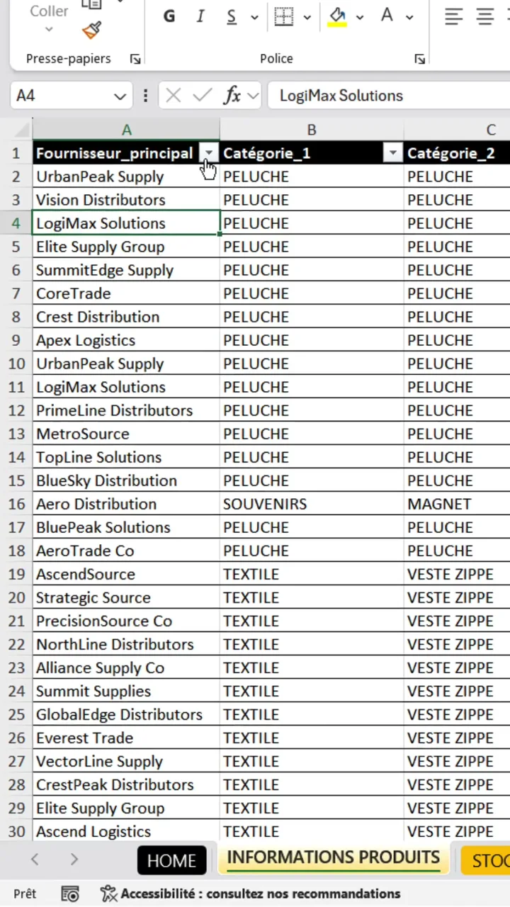 Tableau Excel de fournisseurs et catégories avec les flèches de filtre ajoutées par le raccourci Ctrl Maj L