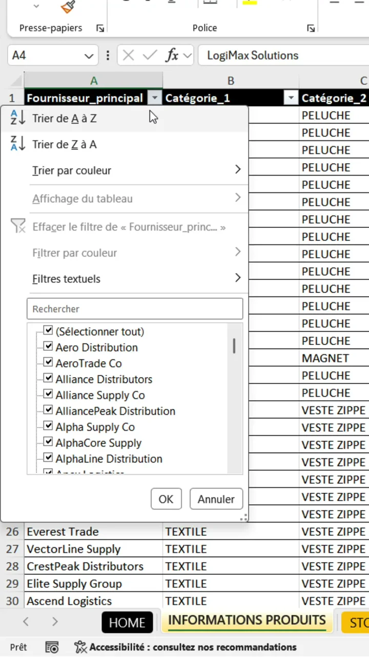 Menu de filtre Excel ouvert avec les options Trier de A à Z et Trier de Z à A sur la colonne Fournisseur principal