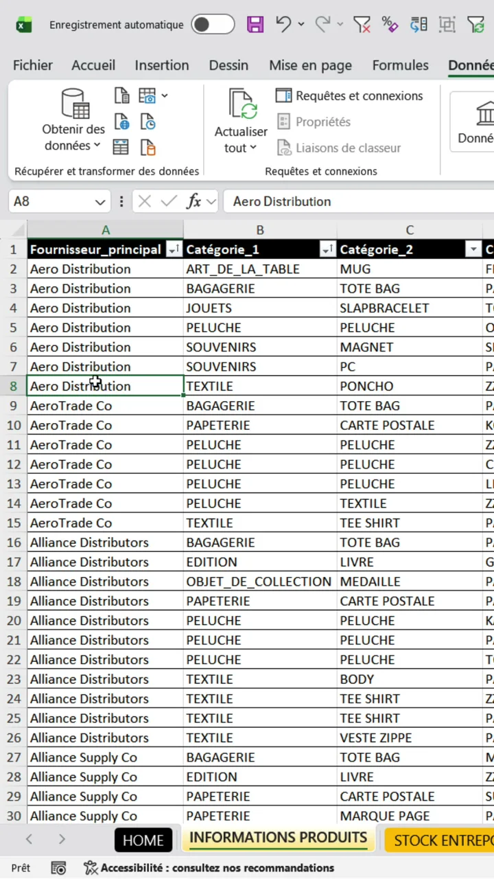 Tableau Excel trié sur deux niveaux avec les fournisseurs de A à Z et les catégories classées par ordre alphabétique à l'intérieur de chaque fournisseur
