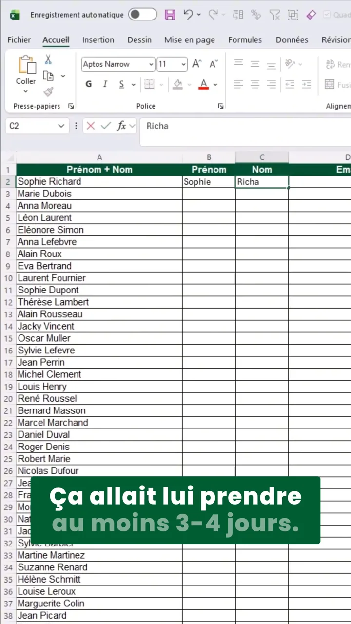 Tableau Excel avec une colonne Prénom + Nom et la première ligne en cours de saisie dans les colonnes Prénom et Nom