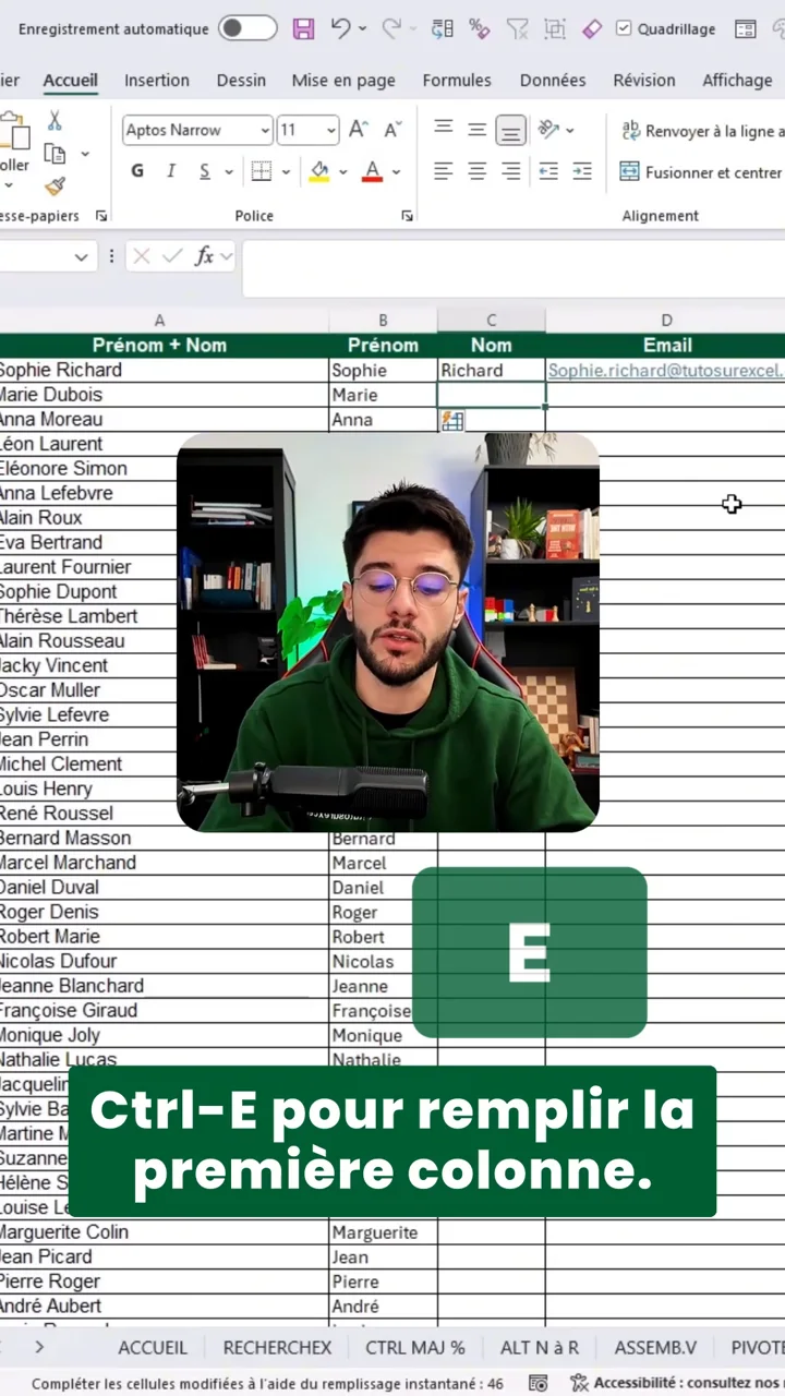 Colonne Prénom remplie automatiquement par le remplissage instantané d’Excel après un Ctrl+E