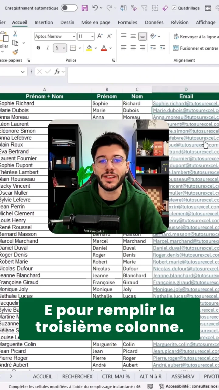 Tableau Excel avec les colonnes Prénom, Nom et Email entièrement remplies par le remplissage instantané